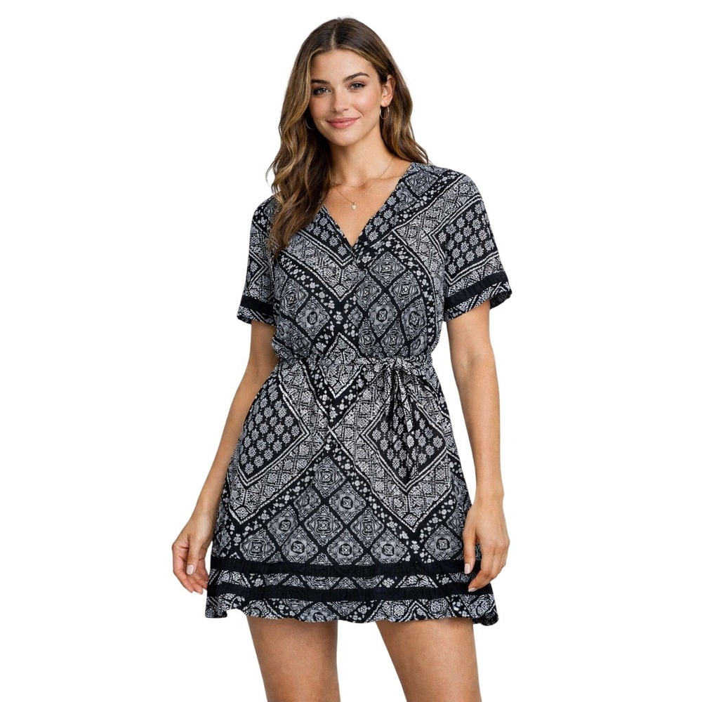 Athleta‎ Women's Small Black White Geometric Print Drawstring Waist Midi Dress